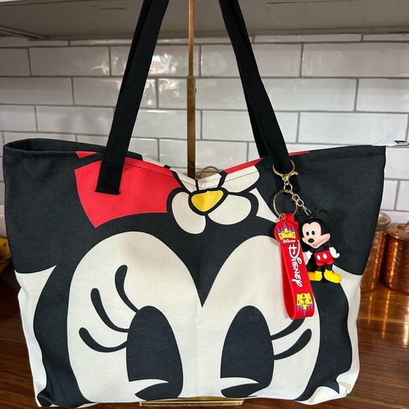 Disney character Minnie Mouse Black and Red Graphic Tote with bag charm - Picture 1 of 5